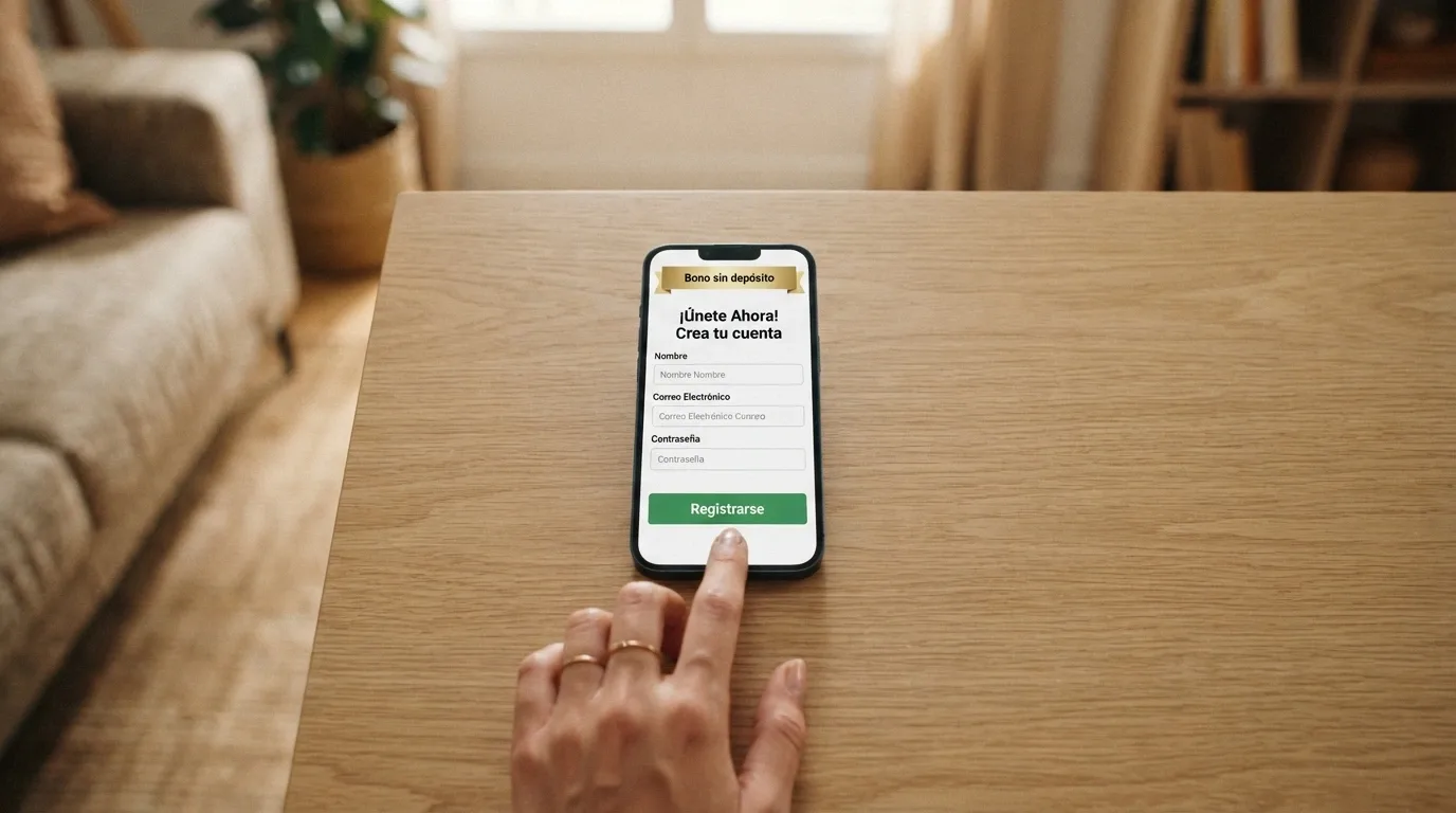Mano sosteniendo un teléfono móvil con la pantalla de registro de un casino online español y la notificación del bono sin depósito