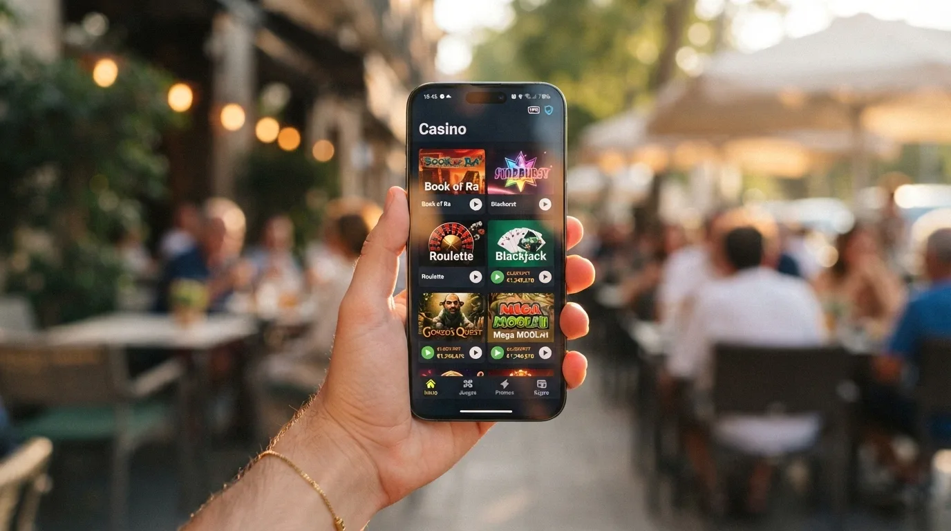 Teléfono móvil mostrando la interfaz de un casino online con BCH, con el icono de una VPN en la barra de estado