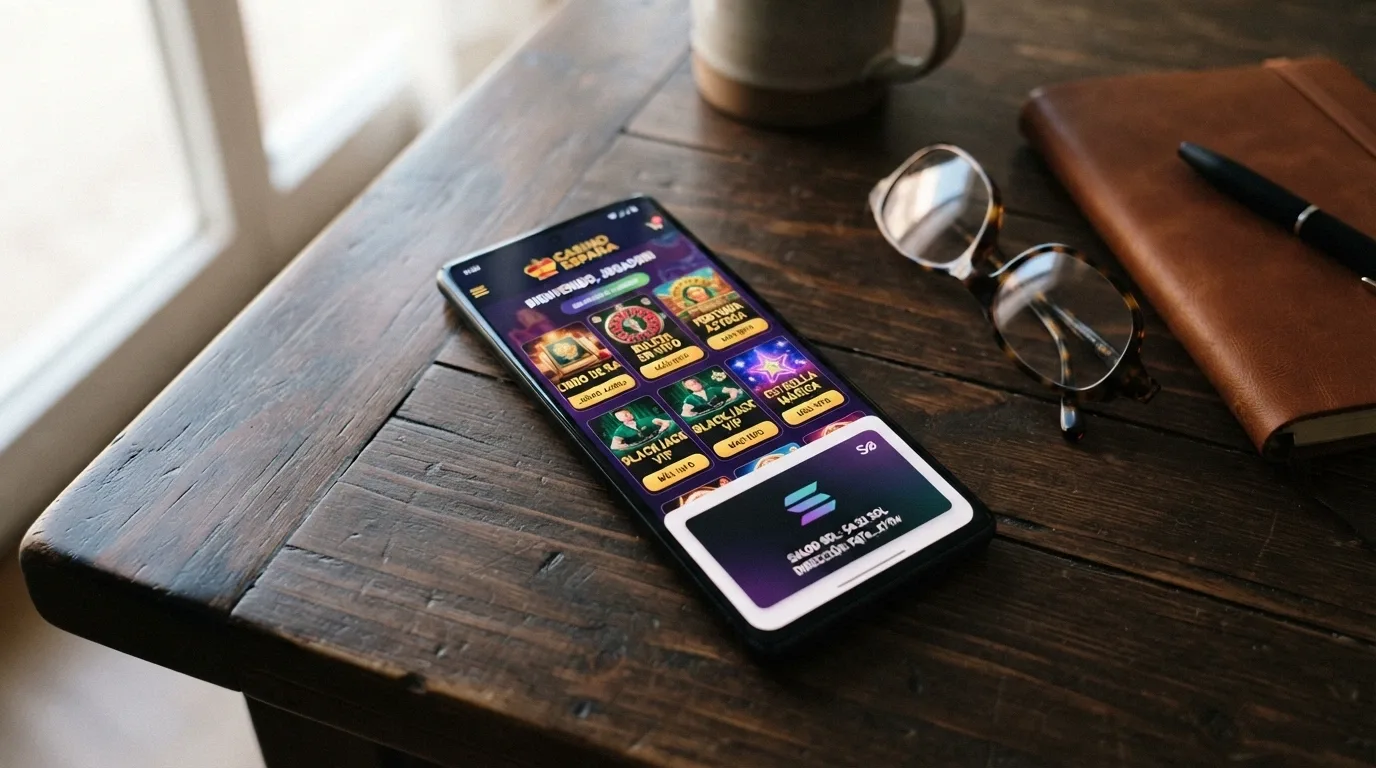 Teléfono móvil mostrando un casino online en el navegador con la aplicación Phantom wallet abierta en segundo plano