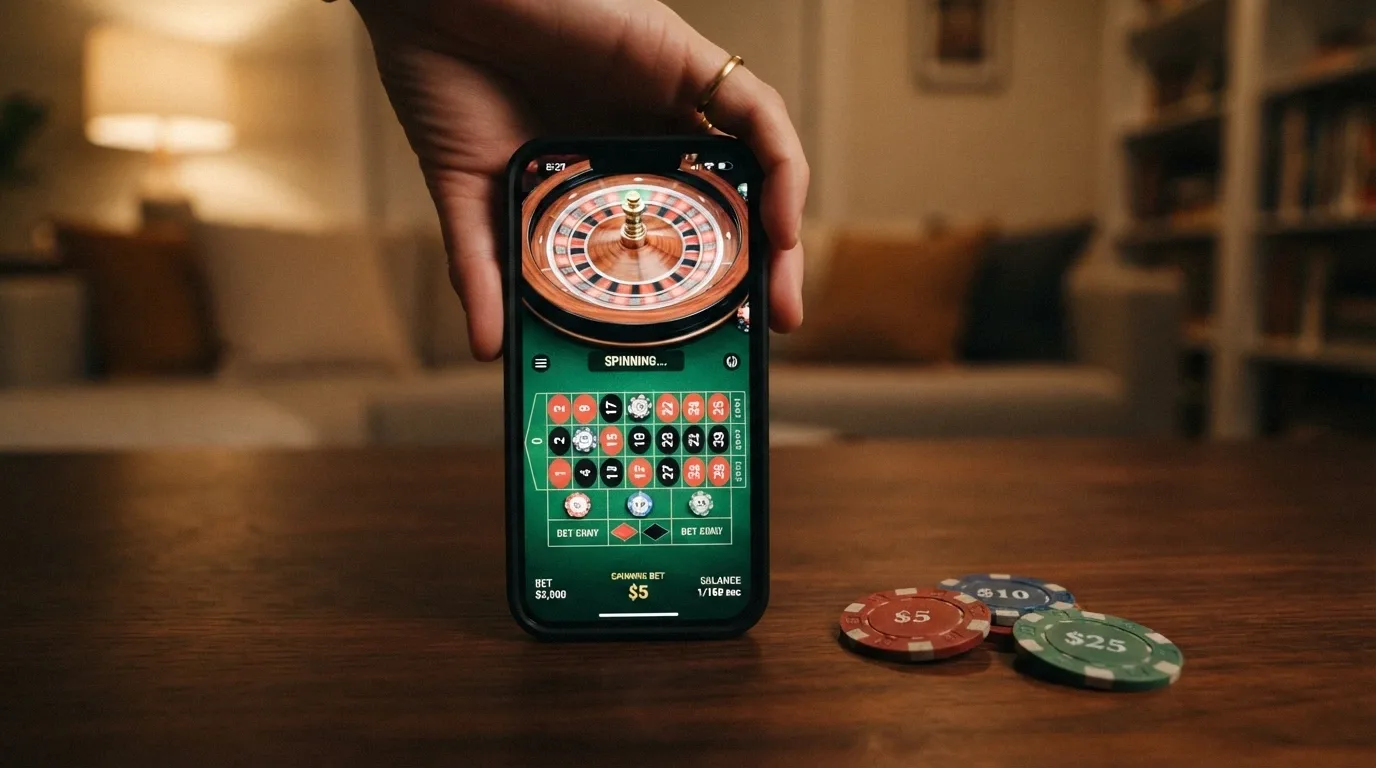 Una mano sosteniendo un teléfono con una ruleta en vivo en pantalla y fichas de casino al lado