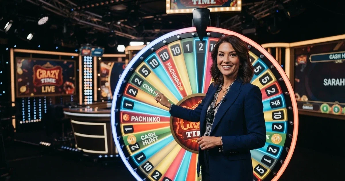 Crupier en vivo ante la rueda de Crazy Time con los segmentos de colores y las cuatro áreas de bonus iluminadas en un estudio de casino
