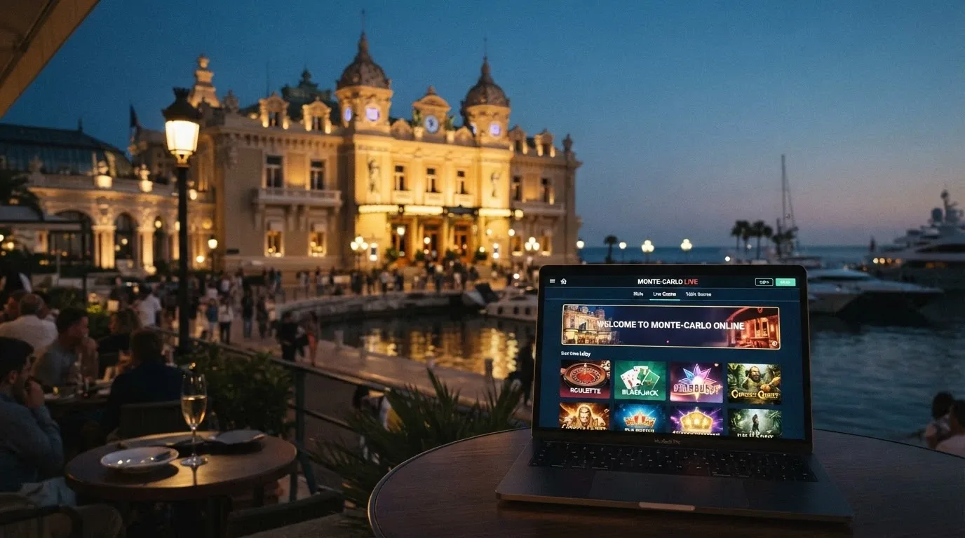 La fachada del Casino Barcelona en Port Olímpic junto a una pantalla mostrando la plataforma online en un portátil