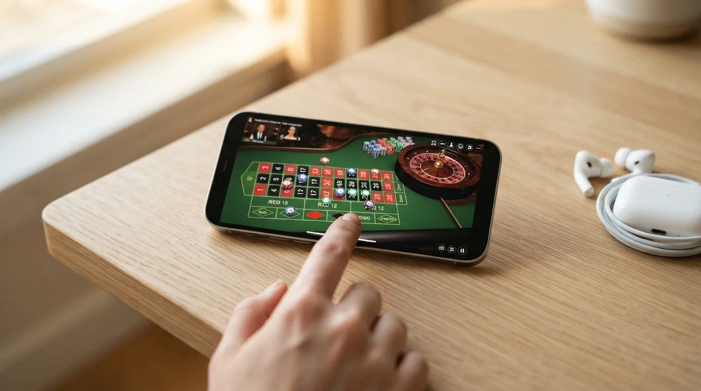 Un teléfono móvil en orientación horizontal mostrando una mesa de ruleta en vivo con la interfaz de apuestas táctil visible en primer plano
