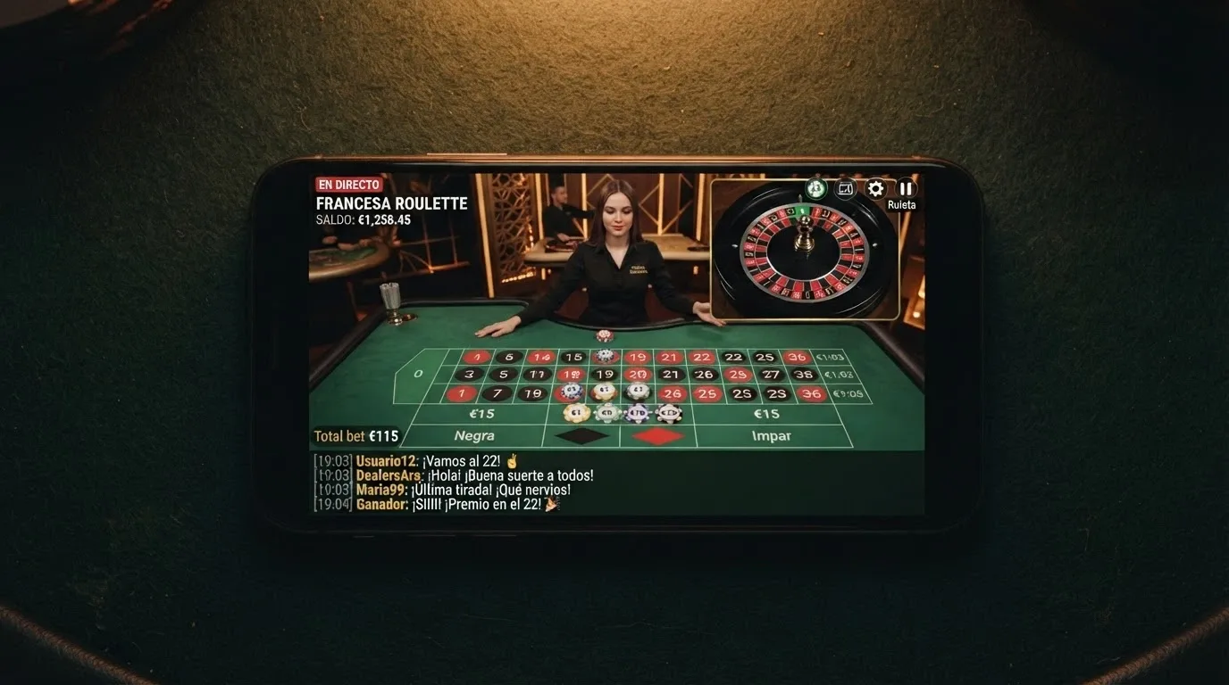 Pantalla de un móvil en horizontal mostrando una mesa de ruleta en vivo con el crupier repartiendo, la interfaz de apuesta superpuesta y el chat del casino visible en la parte inferior