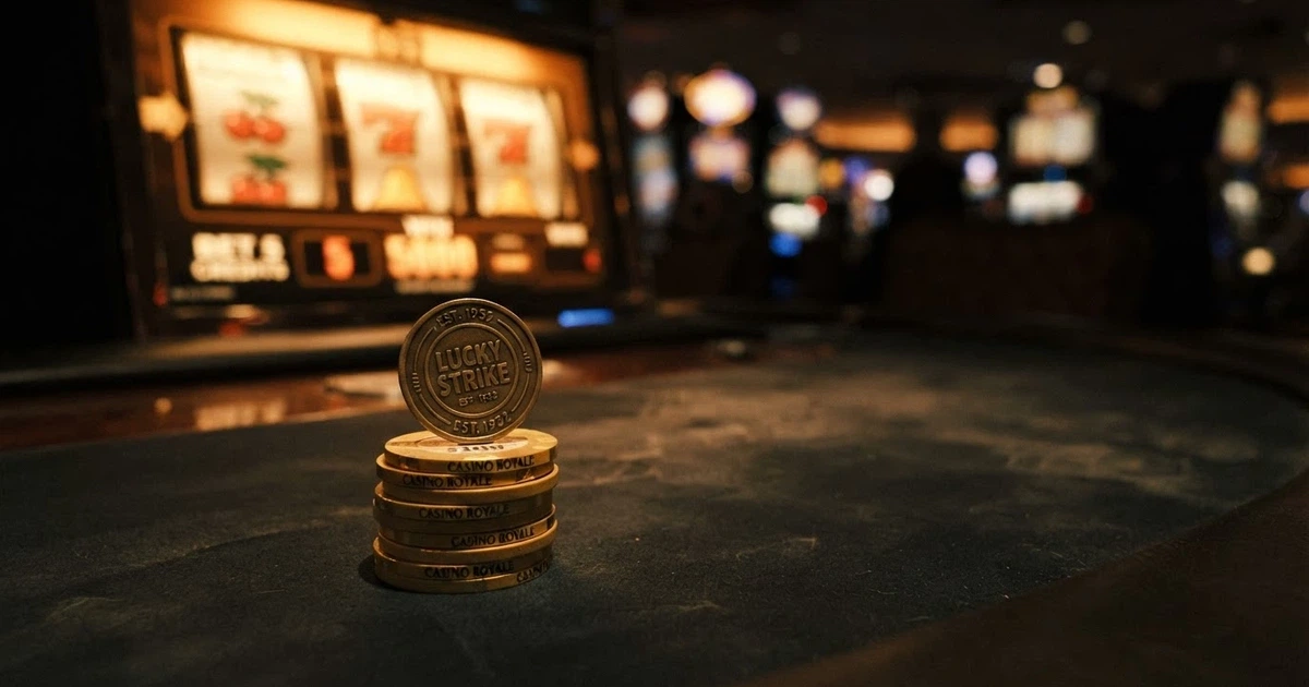 Monedas de Binance Coin sobre una mesa de casino virtual con fichas y una pantalla mostrando una slot en segundo plano