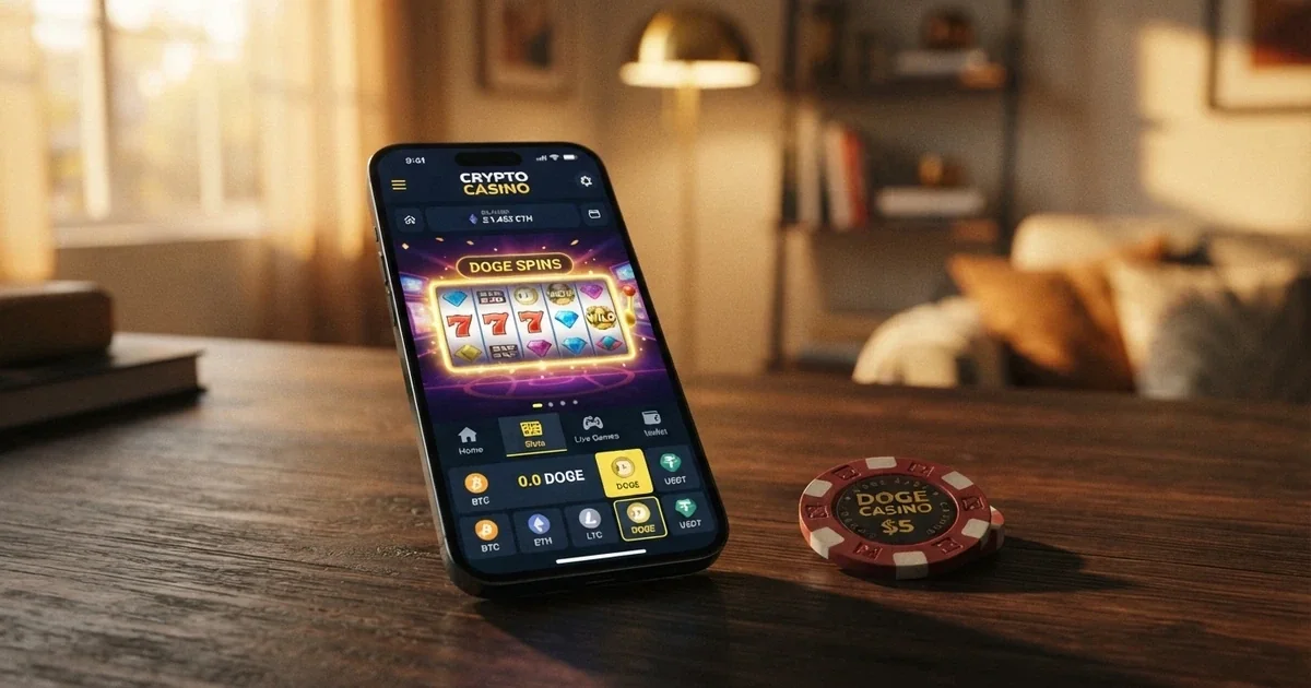 Interfaz de un casino online que muestra Dogecoin como método de pago junto a otras criptomonedas