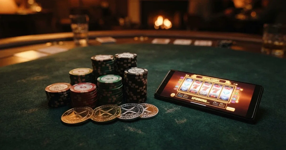Monedas de XRP sobre una mesa de casino virtual con fichas y cartas, junto a un móvil mostrando la pantalla de un casino online
