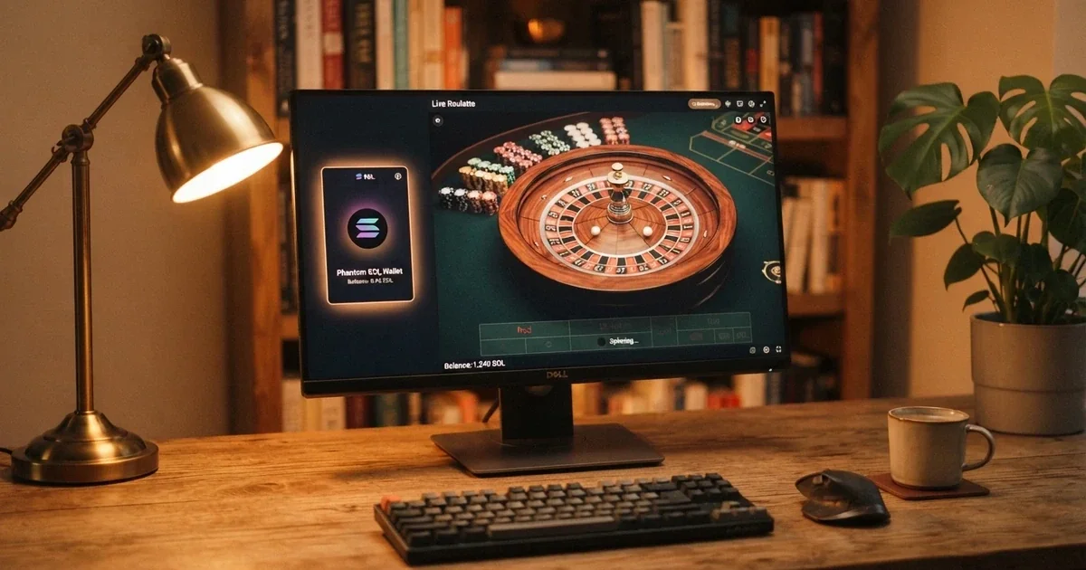 Monedero de criptomonedas Solana junto a una ruleta de casino online en la pantalla de un ordenador