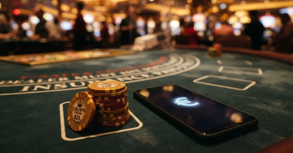 Interfaz de un casino online con fichas de póker y un teléfono mostrando el símbolo de USDC en pantalla
