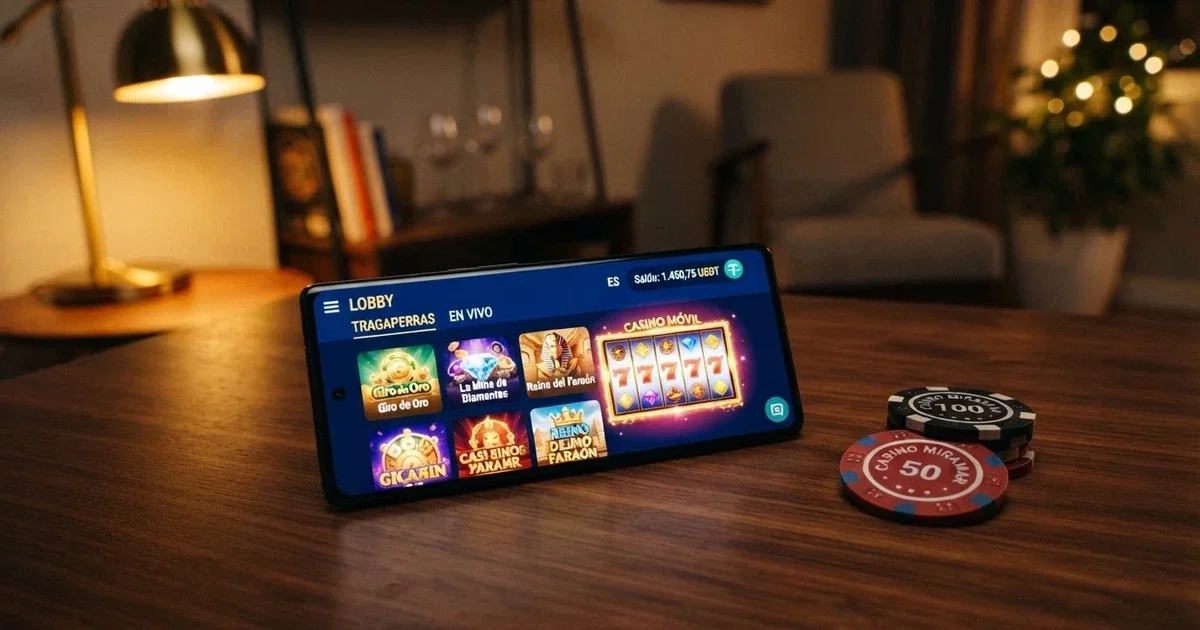 Pantalla de inicio de un casino online con depósito en Tether USDT, mostrando el saldo en stablecoin junto a fichas de póker
