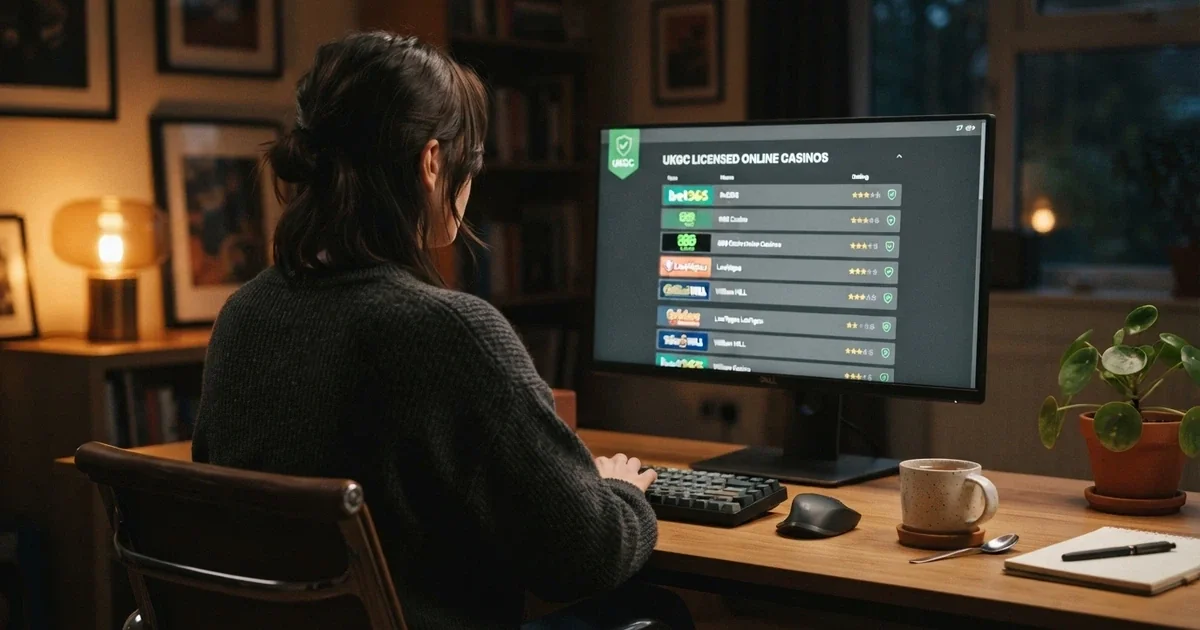 Un jugador consultando el listado de operadores autorizados en la pantalla de un ordenador, con el logo de la DGOJ visible en la esquina de la web