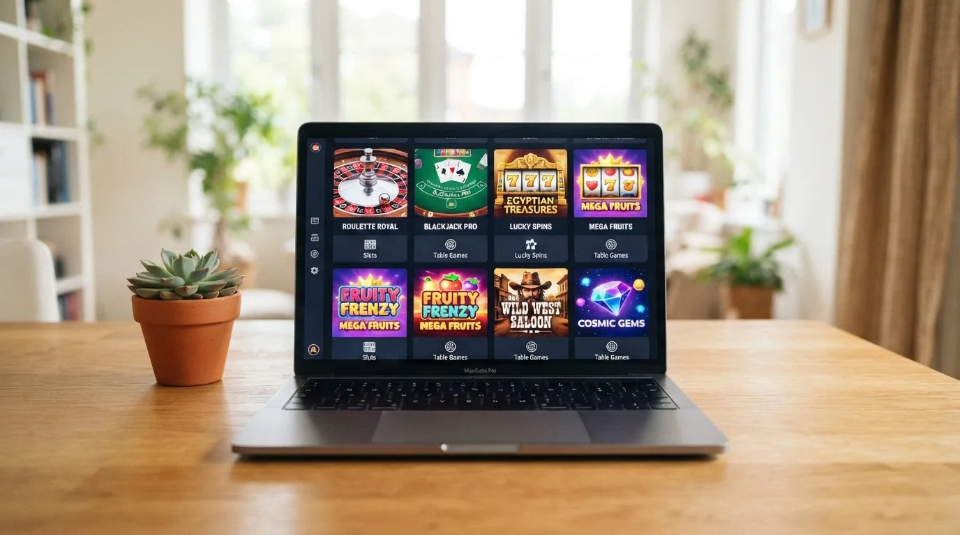 Parrilla de miniaturas con ruleta, blackjack y varias tragaperras en la interfaz de un portal de juegos gratis