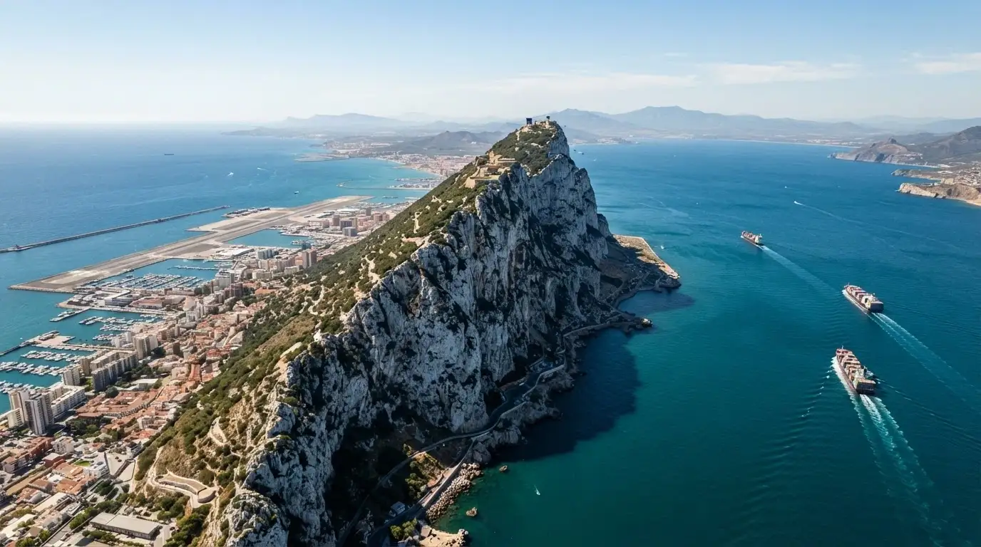 Vista aérea del Peñón de Gibraltar con una flecha que apunta hacia Ceuta al otro lado del Estrecho