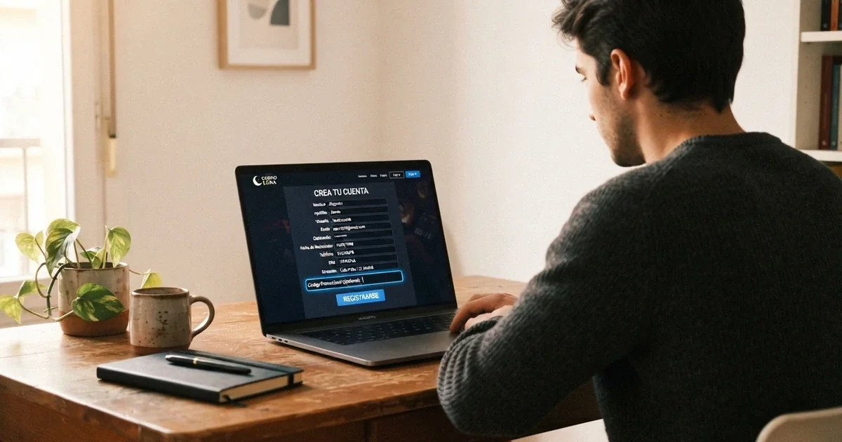 Un jugador frente a la pantalla de registro de un casino online español, con el campo de código promocional visible y el cursor sobre él, en un entorno doméstico con luz natural.
