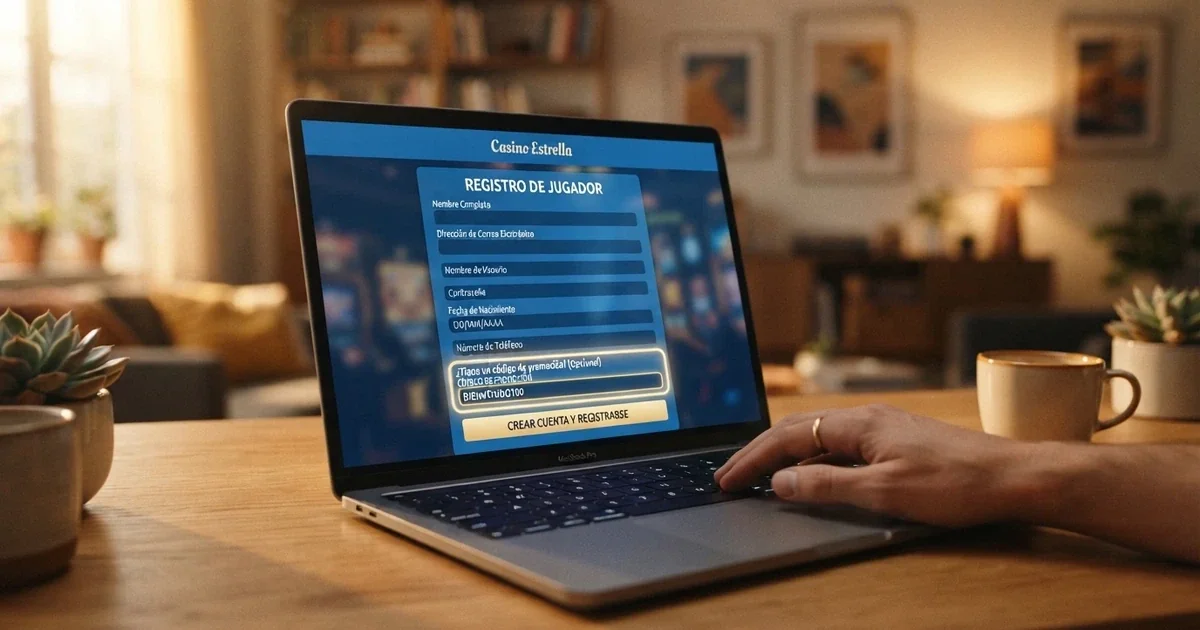 Pantalla de registro en un casino online español con el campo de código promocional resaltado