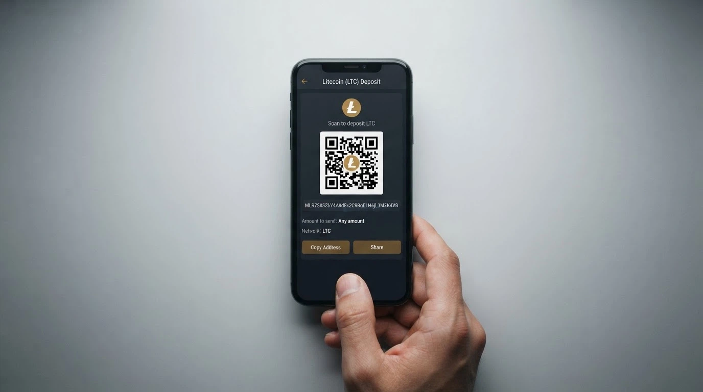 Interfaz de depósito de un casino crypto con el campo de dirección LTC y el código QR para copiar desde wallet móvil