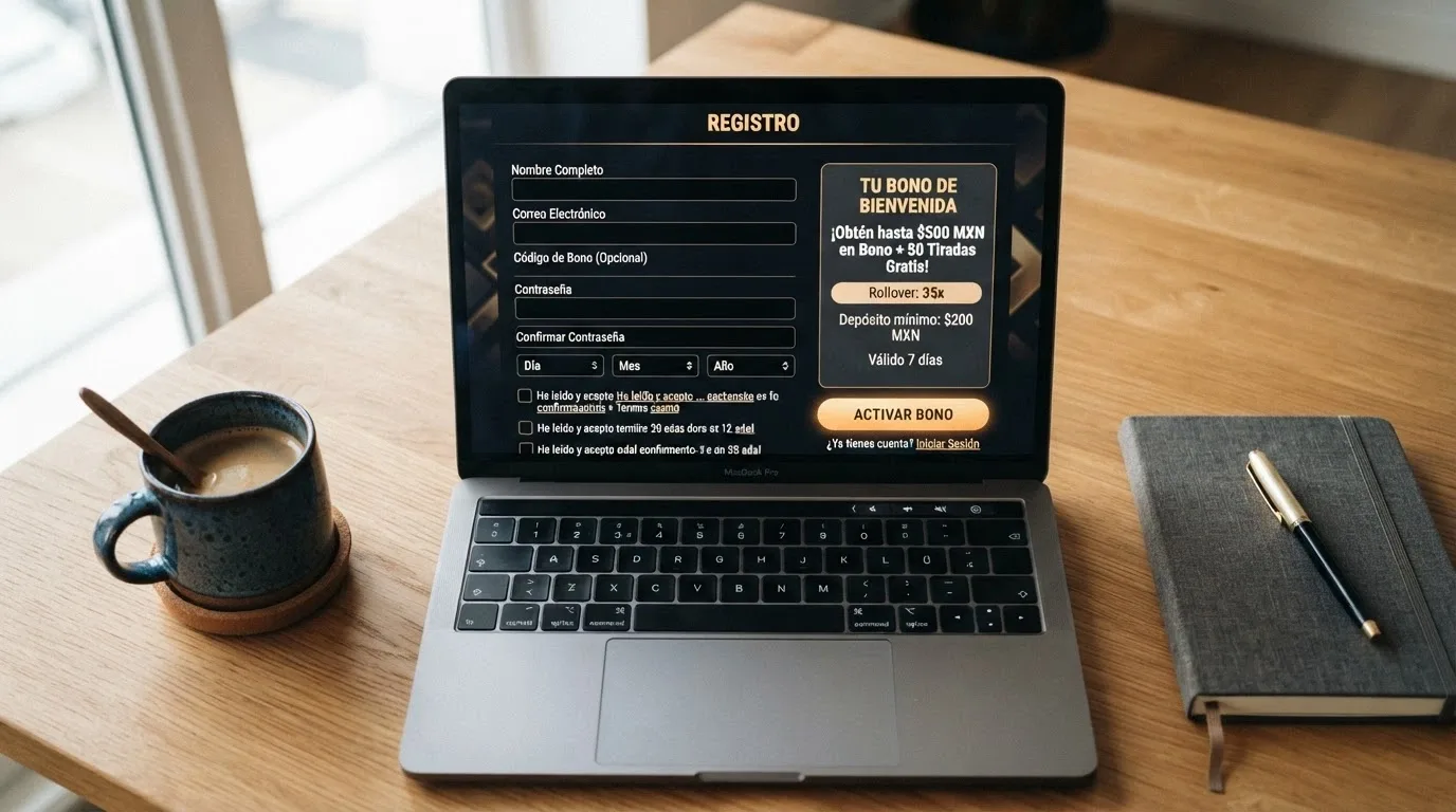 Primer plano de una pantalla de registro de casino online español con los campos de bono de bienvenida y los términos del rollover visibles
