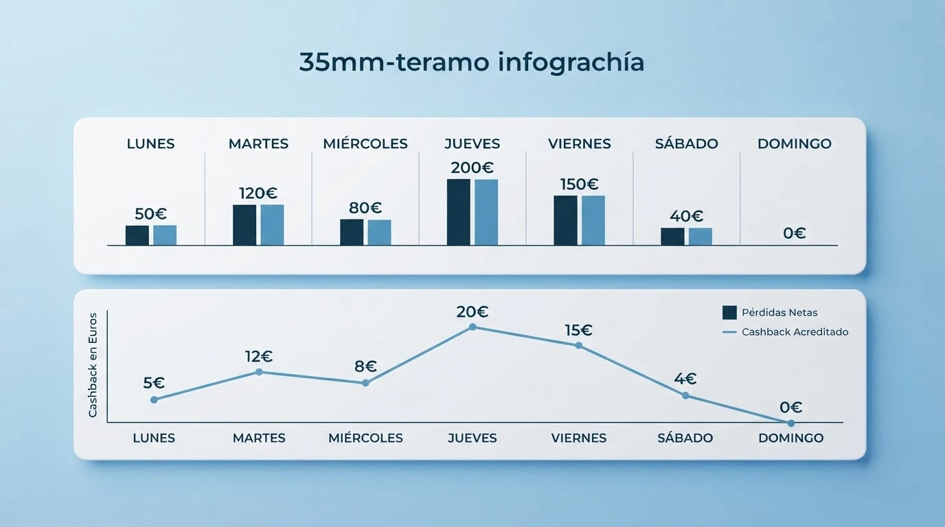 Calendario semanal con marcadores de lunes a domingo y un gráfico simple de pérdidas netas diarias frente al reembolso acreditado