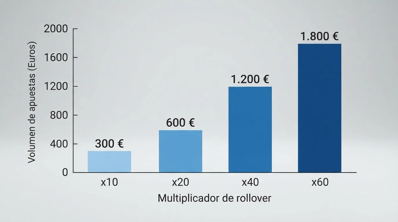 Infografía que muestra el cálculo de un bono de 30 € con distintos multiplicadores de rollover y el importe total a apostar en cada caso