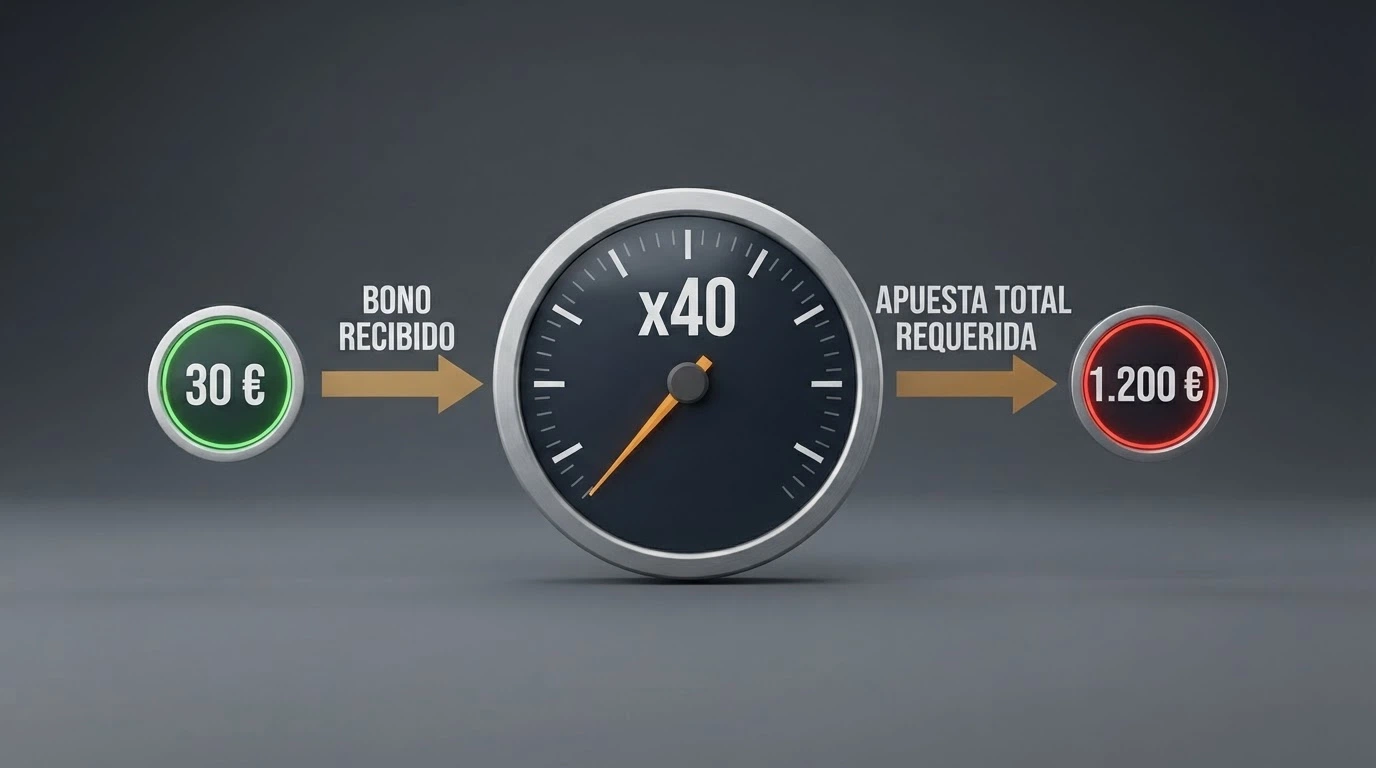 Diagrama que muestra cómo un bono de 30€ con rollover x40 genera un requisito de apuesta de 1.200€ antes de poder retirar