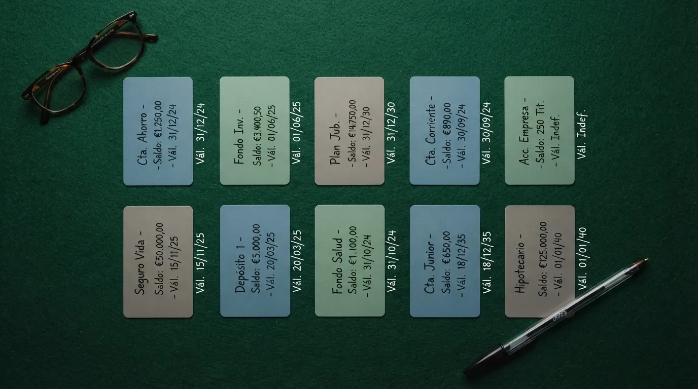 Una vista cenital de diez tarjetas con los logotipos de los operadores comparados, ordenadas sobre una mesa, con anotaciones manuscritas de rollover y validez junto a cada una.