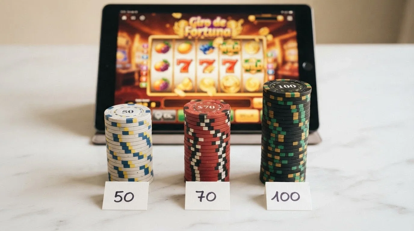 Tres pilas de monedas de euro de distintos tamaños (5, 10 y 20 monedas) alineadas junto a una pantalla con una tragaperras y el texto «50», «70», «100» en cada montón