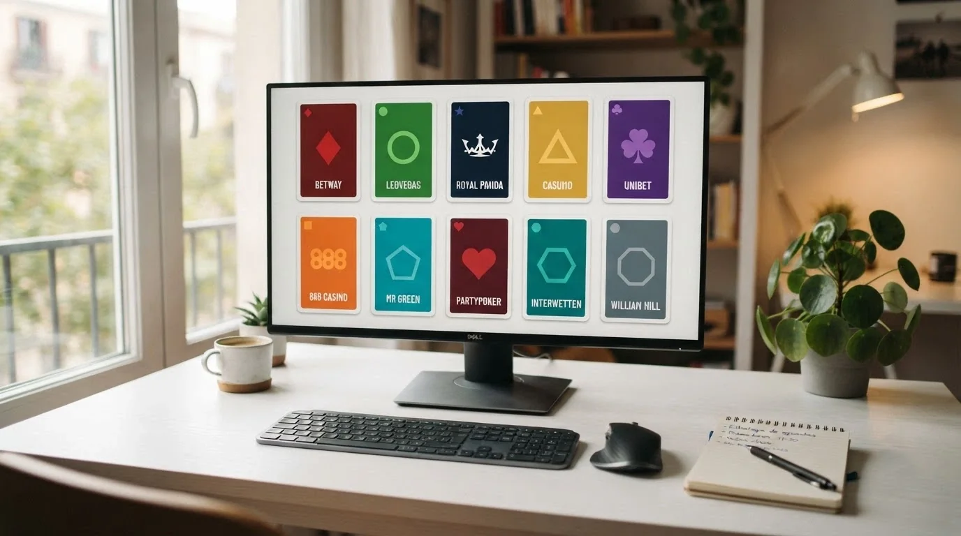 Pantalla dividida con las fichas de varios casinos Anjouan: logotipos, cifras de bono y distintivos de licencia