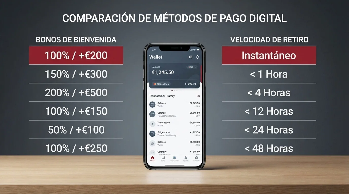 Interfaz de Apple Wallet junto a una tabla comparativa con los logotipos de los casinos destacados
