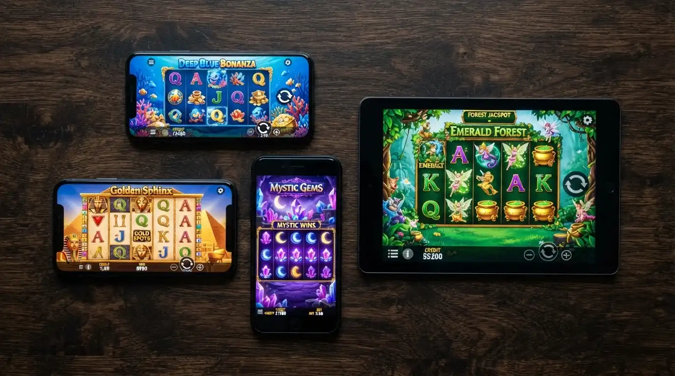 Vista cenital de una mesa con varios dispositivos mostrando distintos casinos online españoles, cada uno con su oferta de giros gratis en pantalla