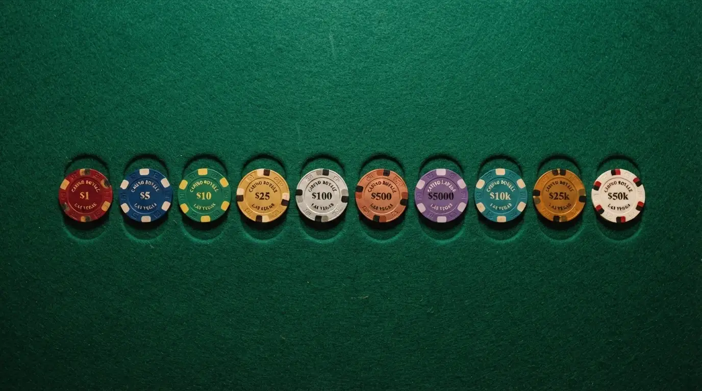 Una tabla estilizada con fichas de casino de colores alineadas en columnas, cada ficha con el logo abstracto de un operador, sobre fondo verde tapete