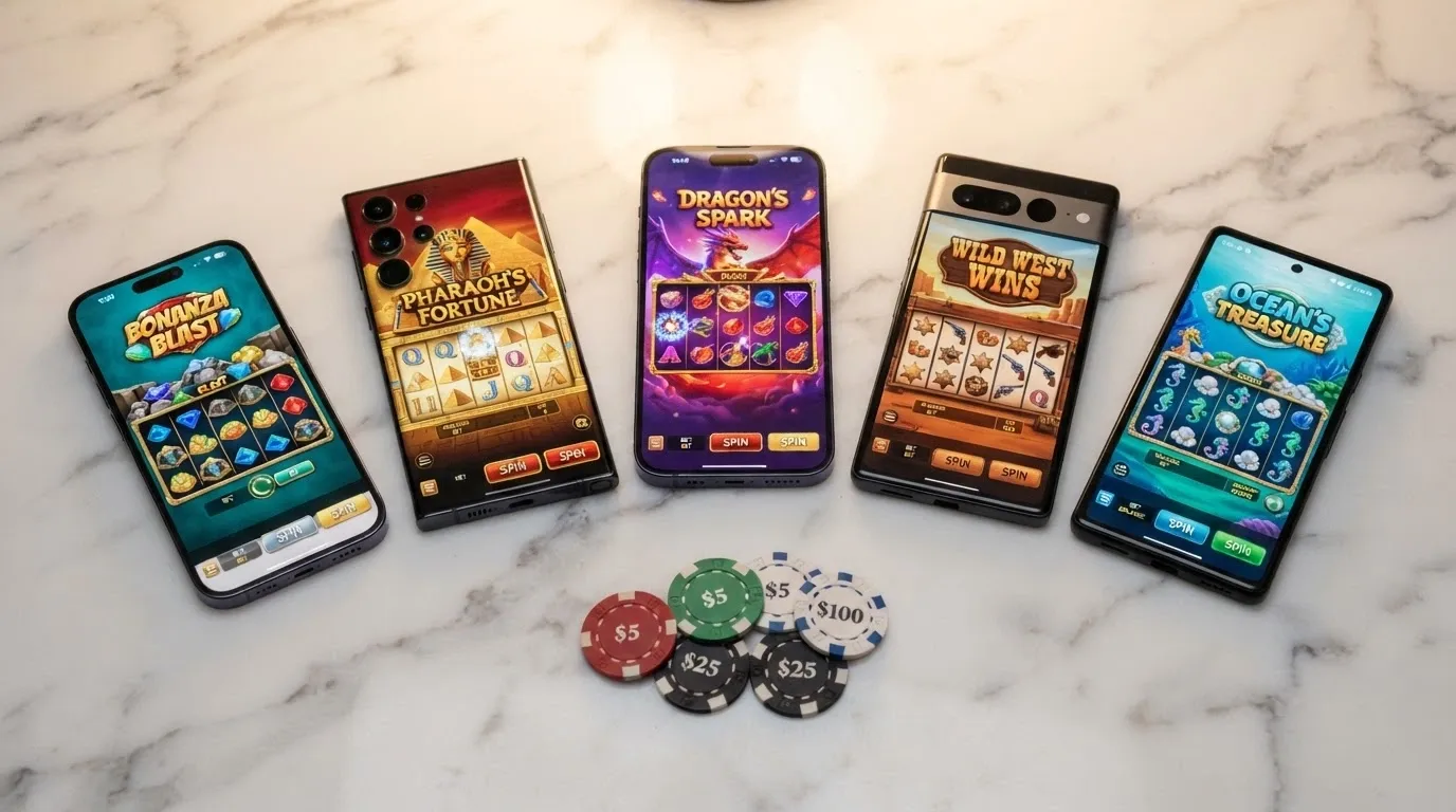 Varias pantallas de móvil alineadas mostrando los logos de los casinos .es analizados, con fichas de colores delante