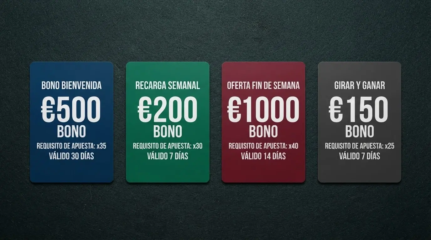 Cuatro tarjetas dispuestas en fila sobre una mesa, cada una con el logotipo de un operador con licencia DGOJ, el importe del bono, el rollover y la validez visibles como en una comparativa visual