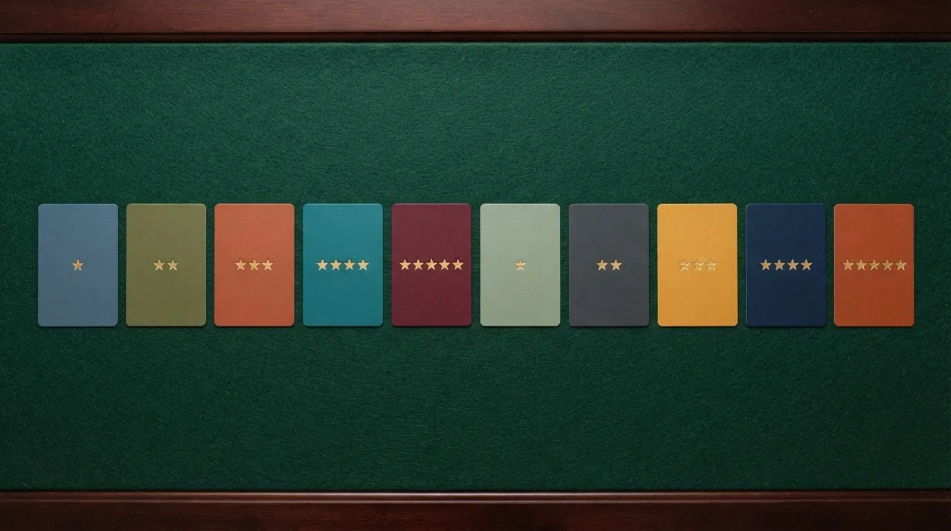 Vista cenital de una mesa con diez tarjetas ordenadas, cada una con el logotipo de un operador y una estrella de valoración