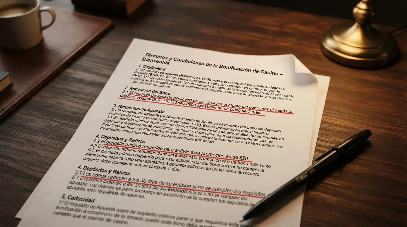 Primer plano de los términos y condiciones de un bono de casino con requisitos de apuesta, plazo y depósito mínimo subrayados
