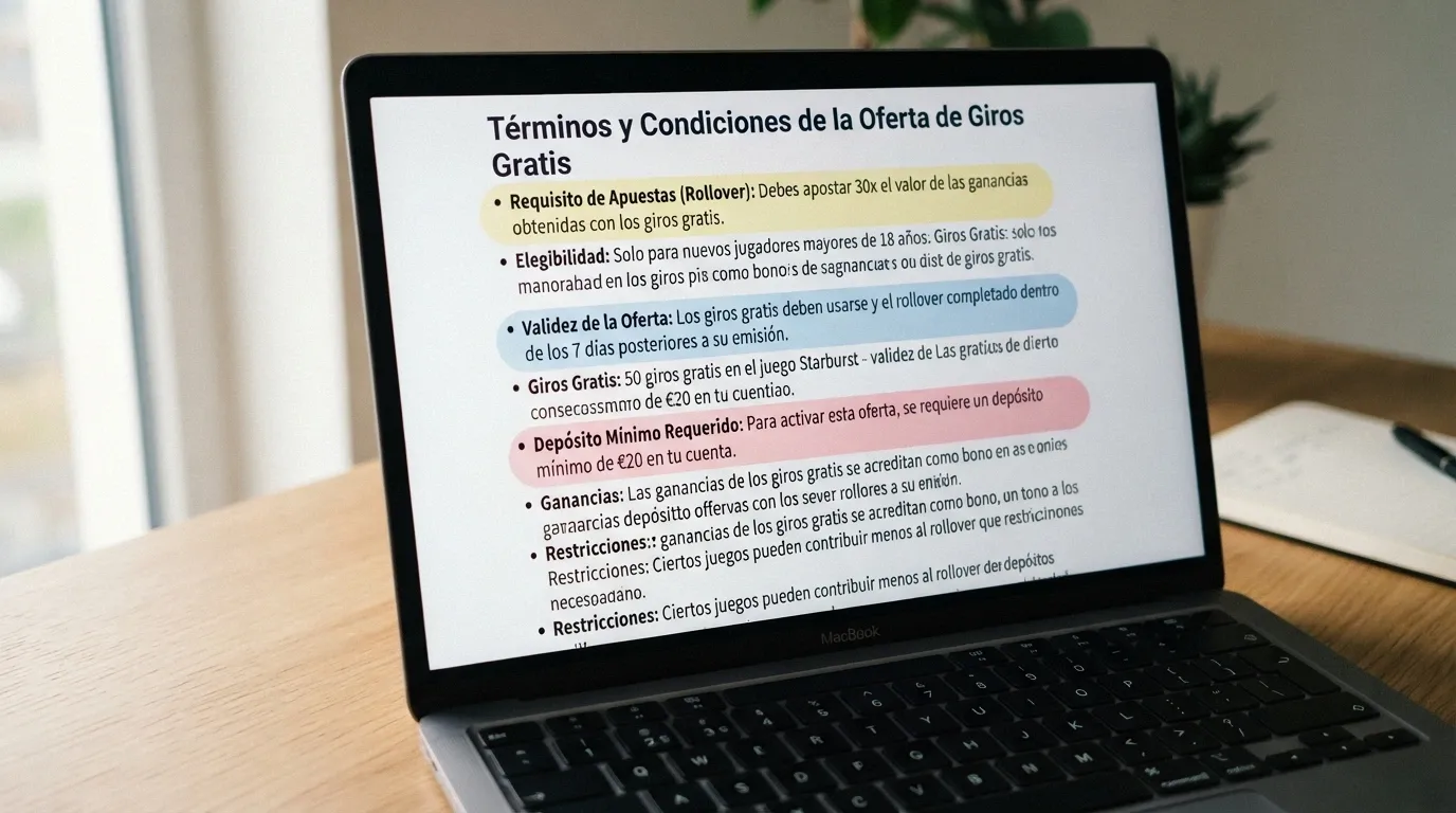Primer plano de una pantalla con los términos y condiciones de una oferta de giros gratis, con los campos de rollover, validez y depósito mínimo resaltados