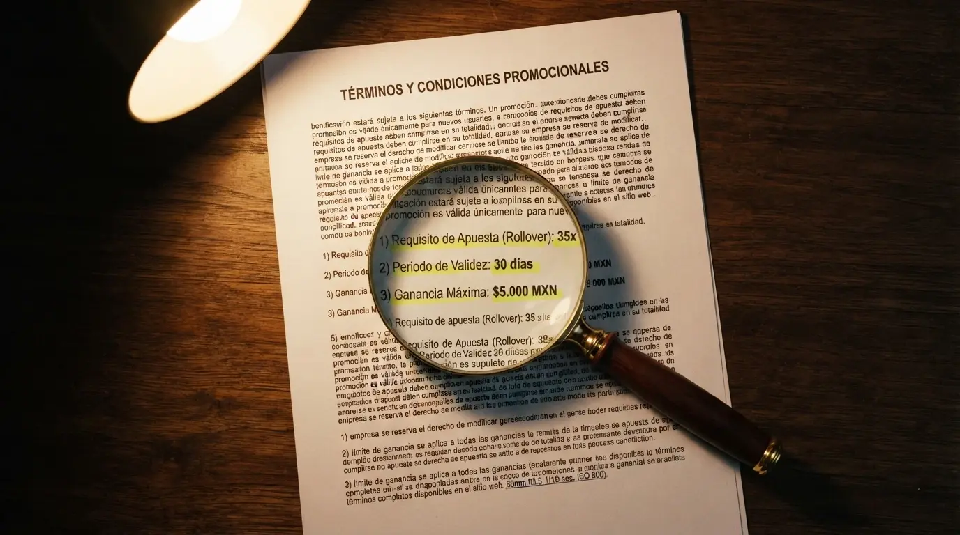 Una lupa sobre los términos y condiciones de un bono sin depósito, con las cifras de rollover, validez y ganancia máxima subrayadas en el texto legal.