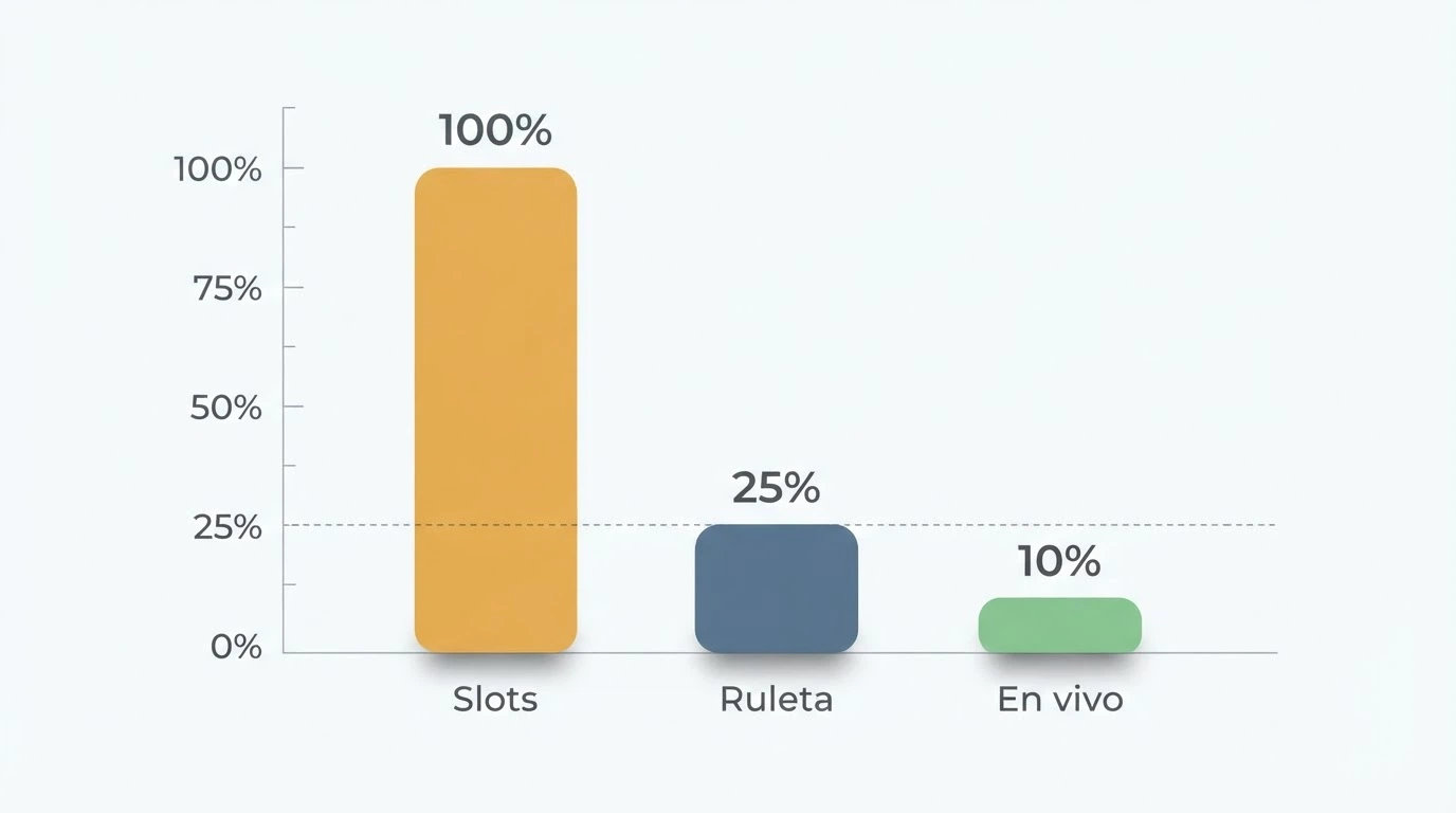 Gráfico de barras con el porcentaje de contribución al rollover de slots (100%), ruleta (~25%) y casino en vivo (~10%)