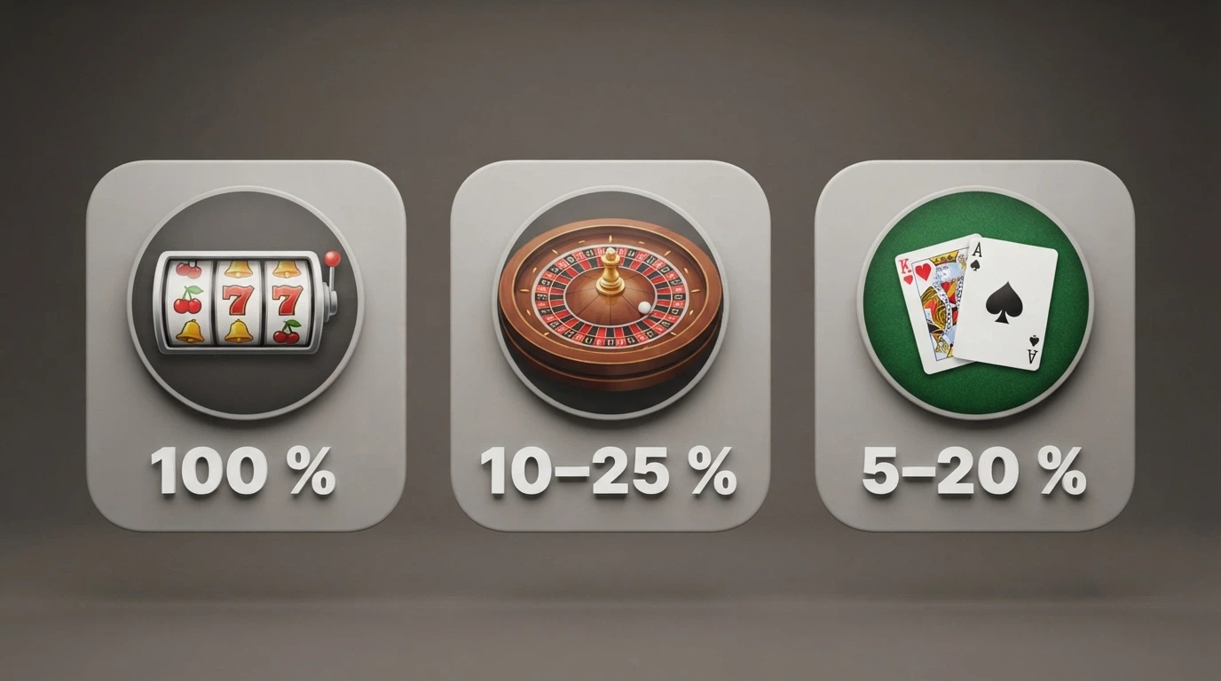 Iconos de tragamonedas, ruleta y blackjack con sus porcentajes de contribución al rollover