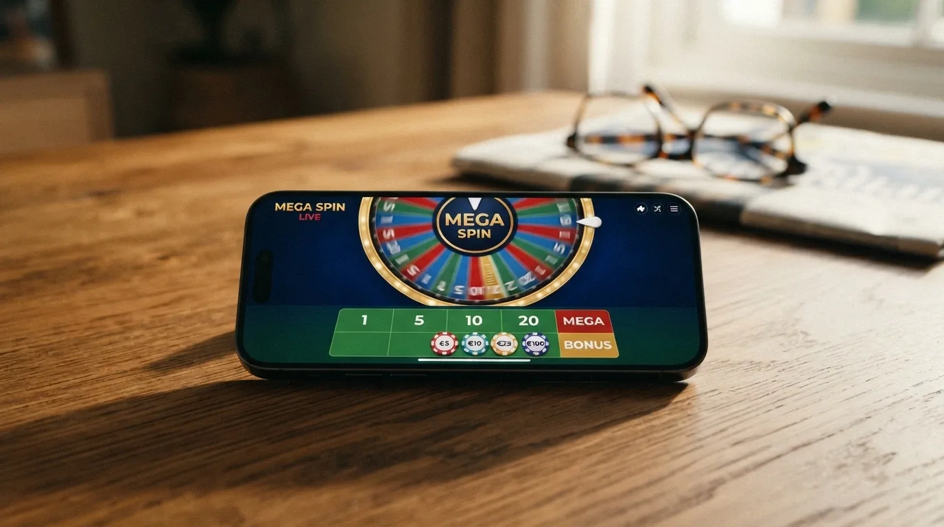 Un teléfono móvil en horizontal mostrando la interfaz de Crazy Time con la rueda y las apuestas adaptadas a pantalla táctil