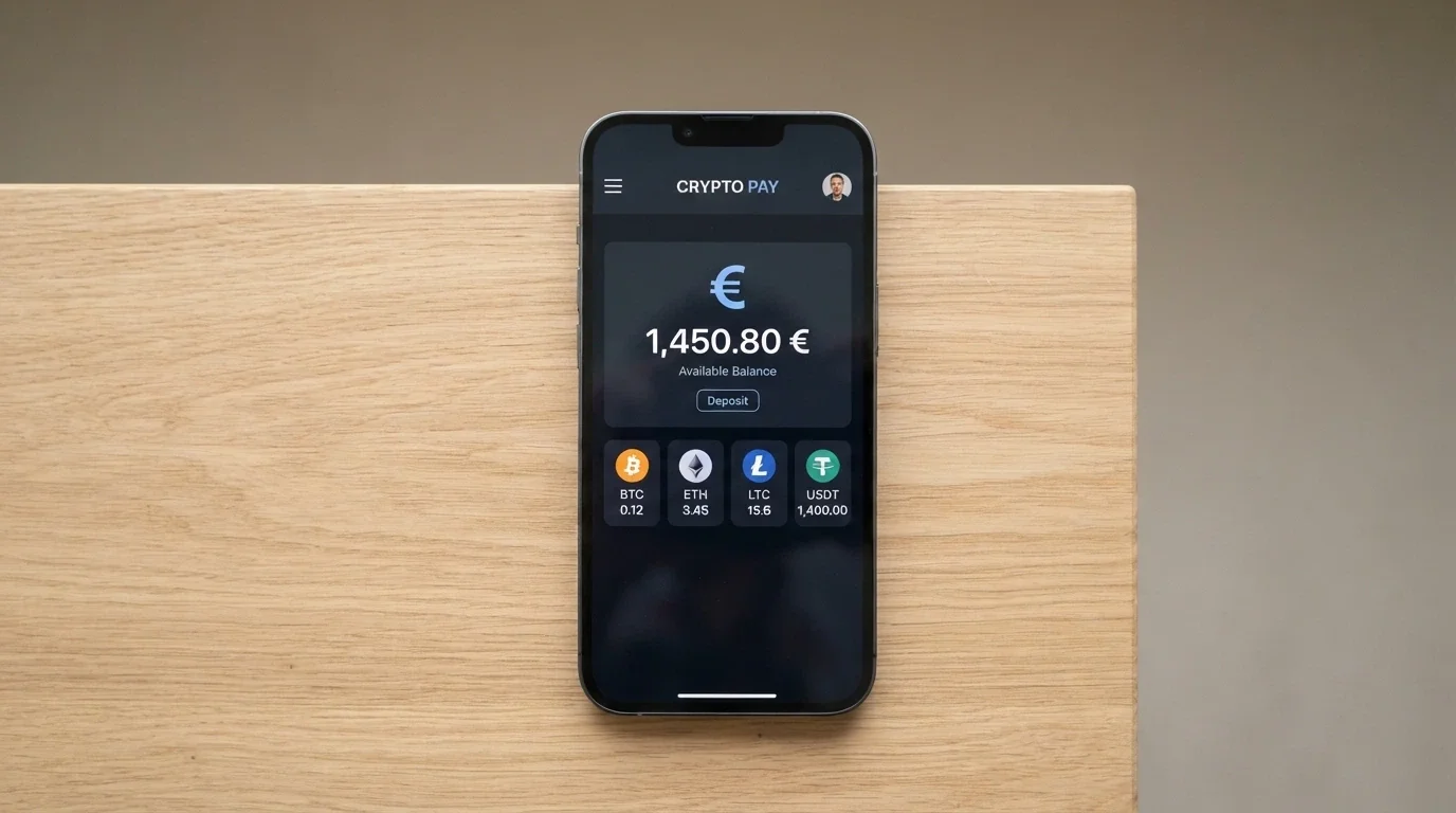 Pantalla dividida: a la izquierda, un monedero de criptomonedas mostrando bitcoin y ethereum; a la derecha, un casino online aceptando depósitos en cripto