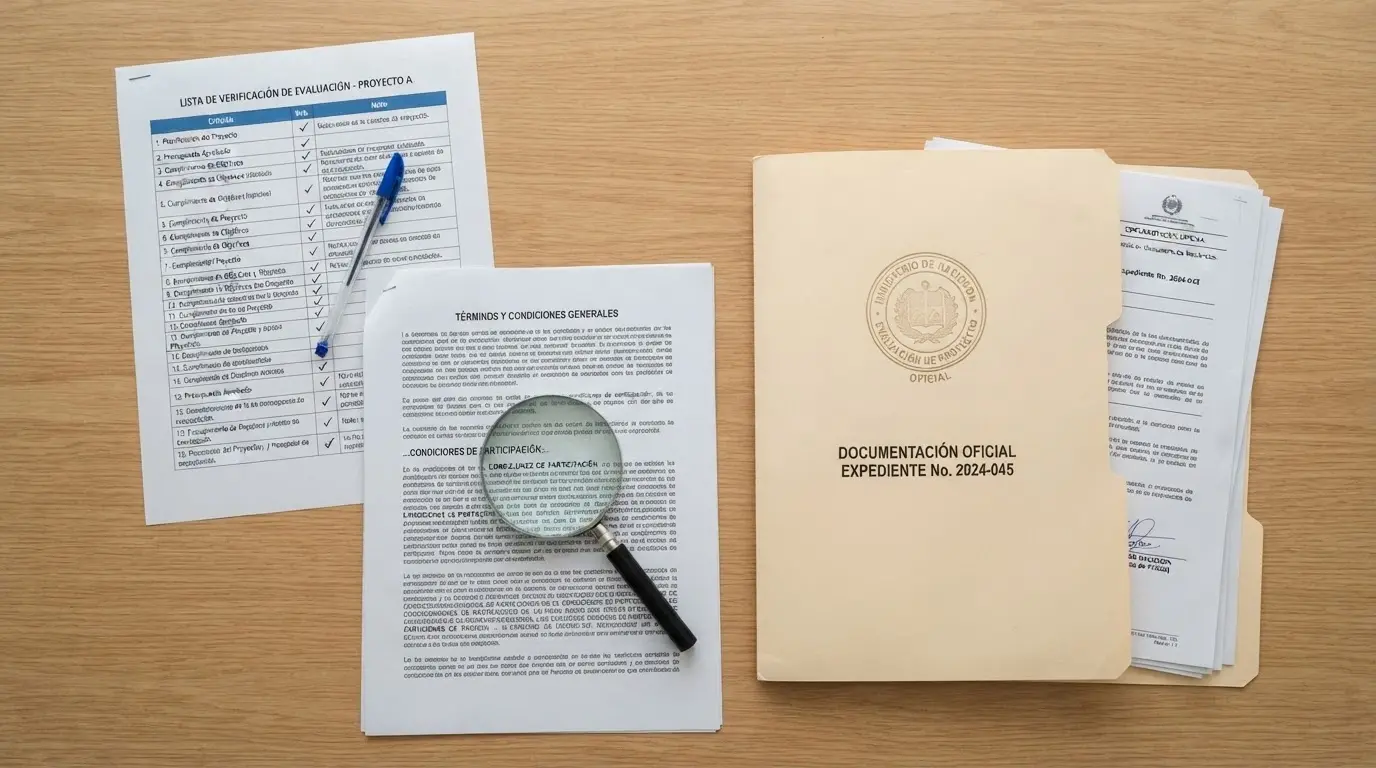 Documentos oficiales de licencia DGOJ, una lupa sobre los términos y condiciones de un bono, y una lista de verificación sobre un escritorio