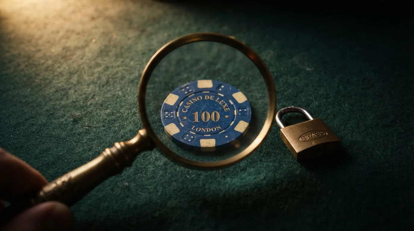 Una lupa examinando una licencia DGOJ sobre una mesa con fichas de casino
