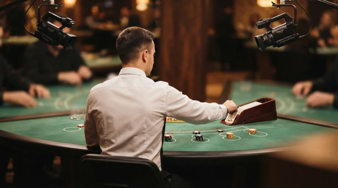 Un crupier profesional hispanohablante sentado ante una mesa de blackjack con varias cámaras apuntando a la mesa y al calzador