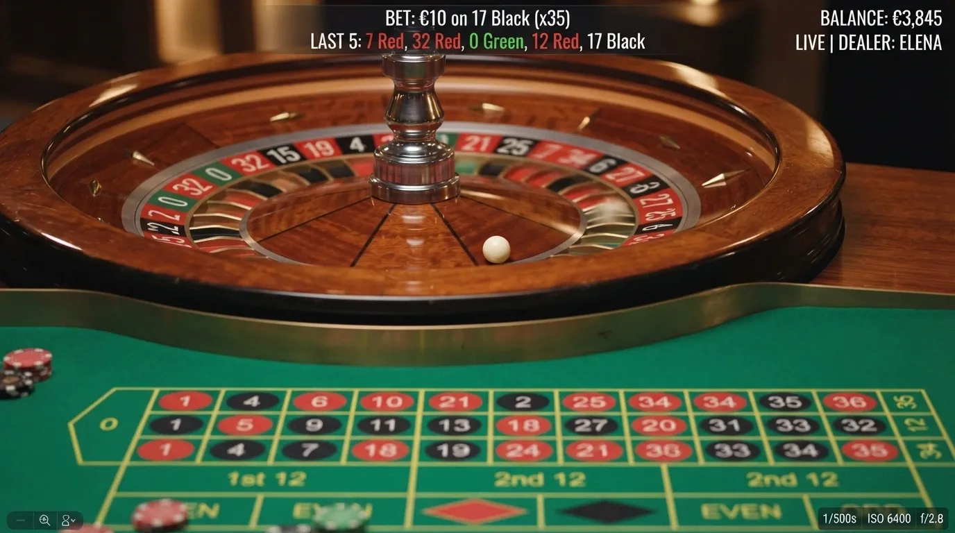 Primer plano de una ruleta de Evolution en pleno giro, con la bola detenida sobre un número y la interfaz de apuestas visible en pantalla