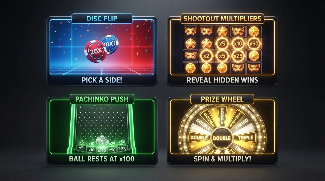 Las cuatro pantallas de bonus de Crazy Time: Coin Flip con su moneda roja y azul, Cash Hunt con su galería de tiro, Pachinko con su tablero físico y Crazy Time con su rueda virtual gigante