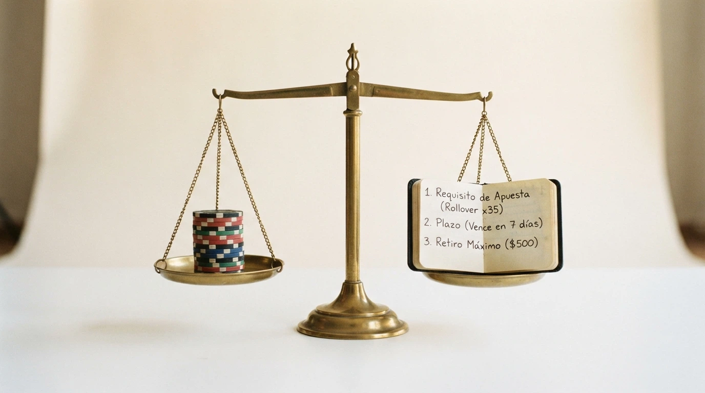 Una balanza de precisión con fichas de casino en un platillo y una lista de condiciones (rollover, plazo, retiro máximo) en el otro, perfectamente equilibrada, sobre fondo blanco limpio
