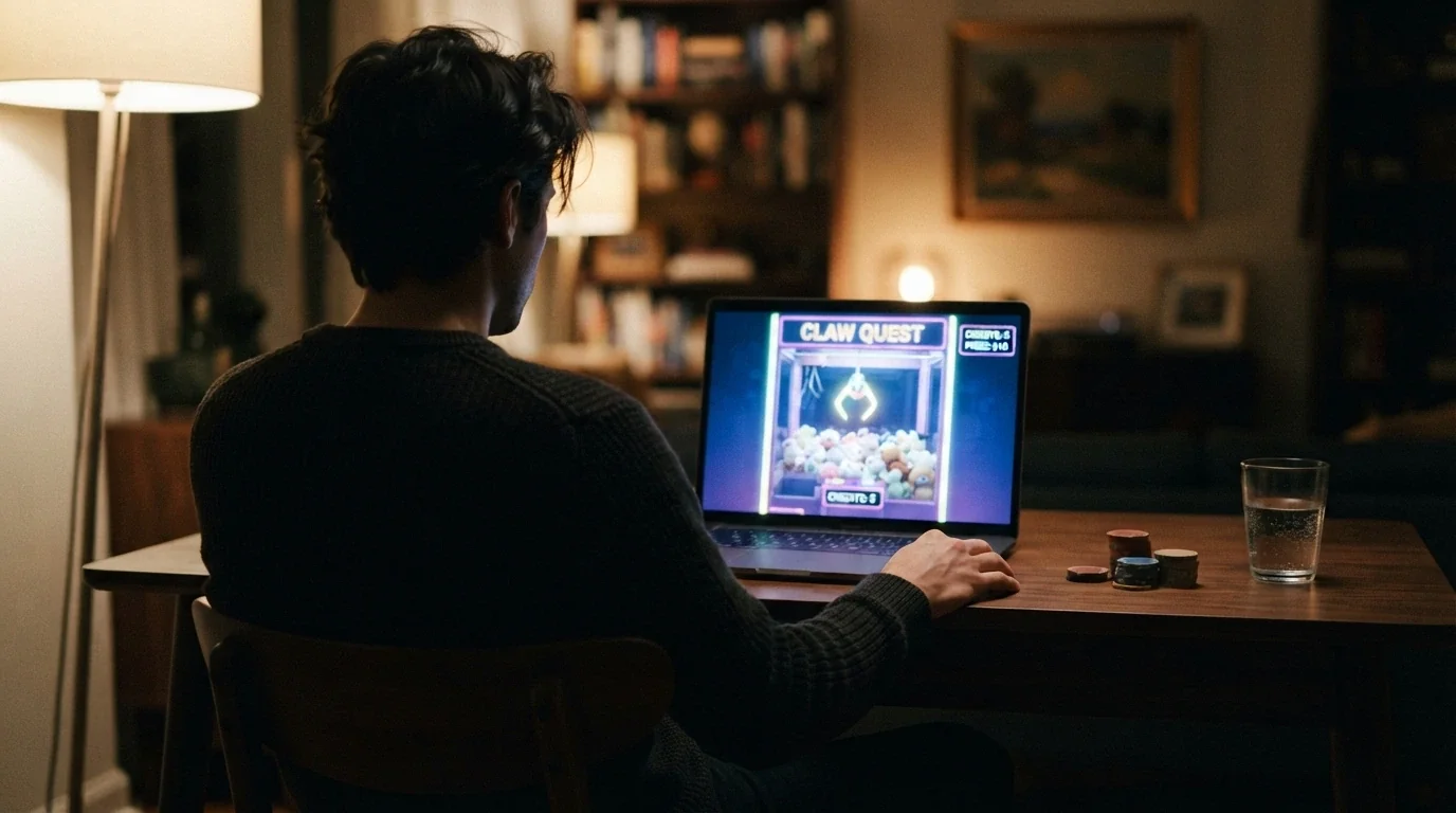 Jugador ante la pantalla sopesando si reclamar el Bonus Crab en un casino online