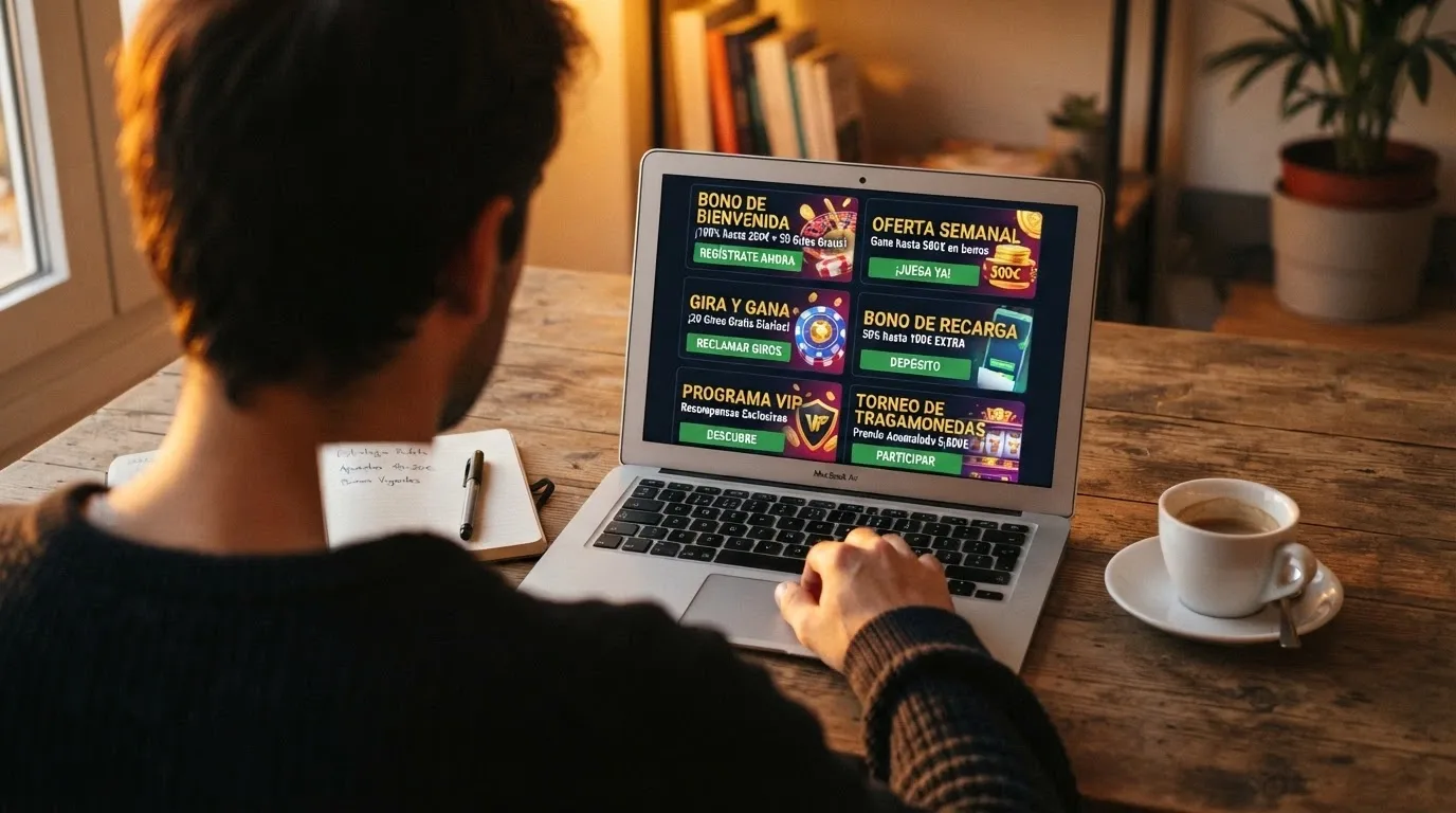 Una persona sentada ante una mesa con un portátil abierto, una taza de café y una libreta con anotaciones; en la pantalla se ve una comparativa de ofertas de casino