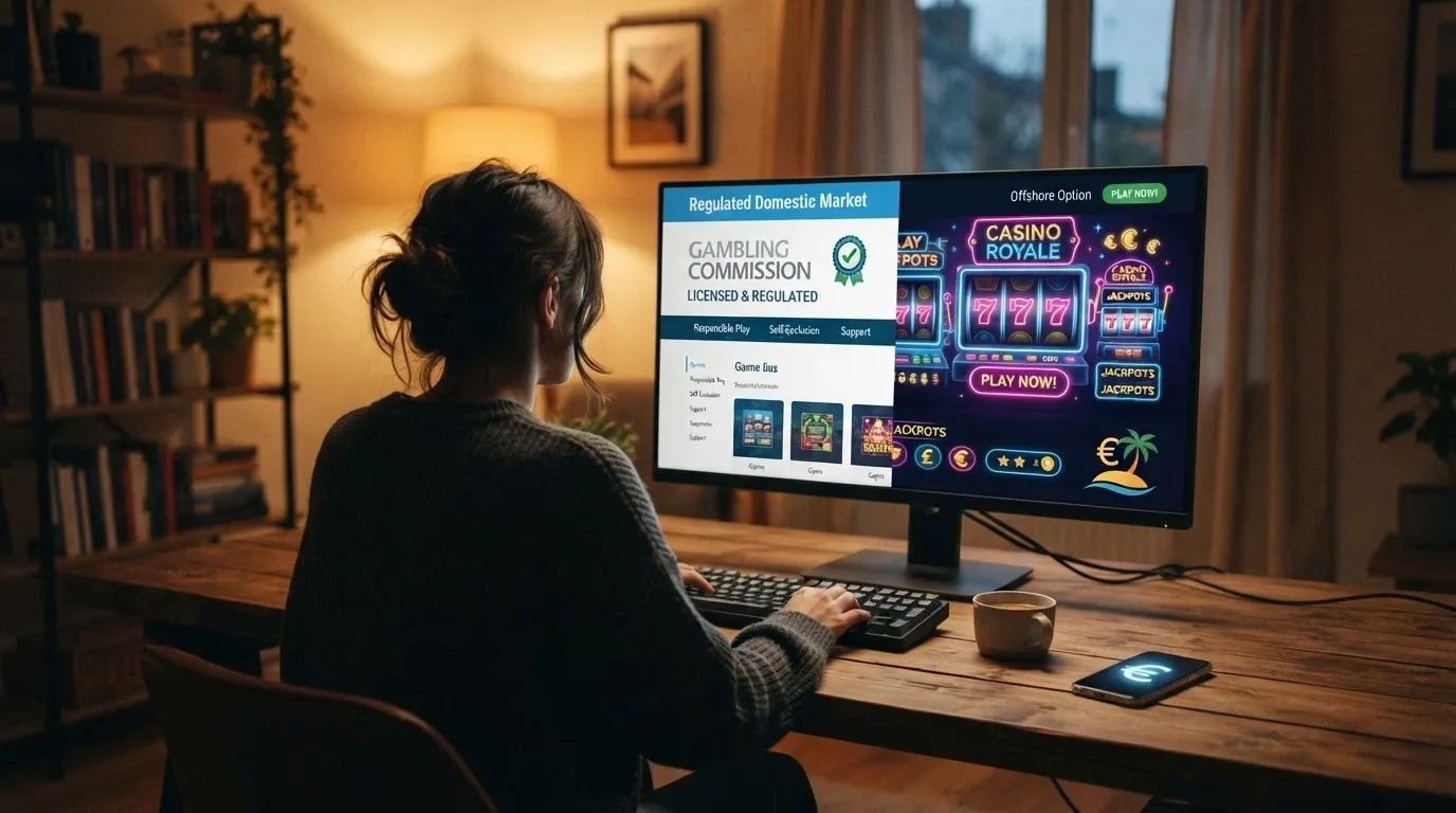 Jugador español frente a la pantalla, con dos caminos visuales: uno hacia el dominio .es con el sello DGOJ, otro hacia un portal offshore con criptomonedas y la bandera de Anjouan