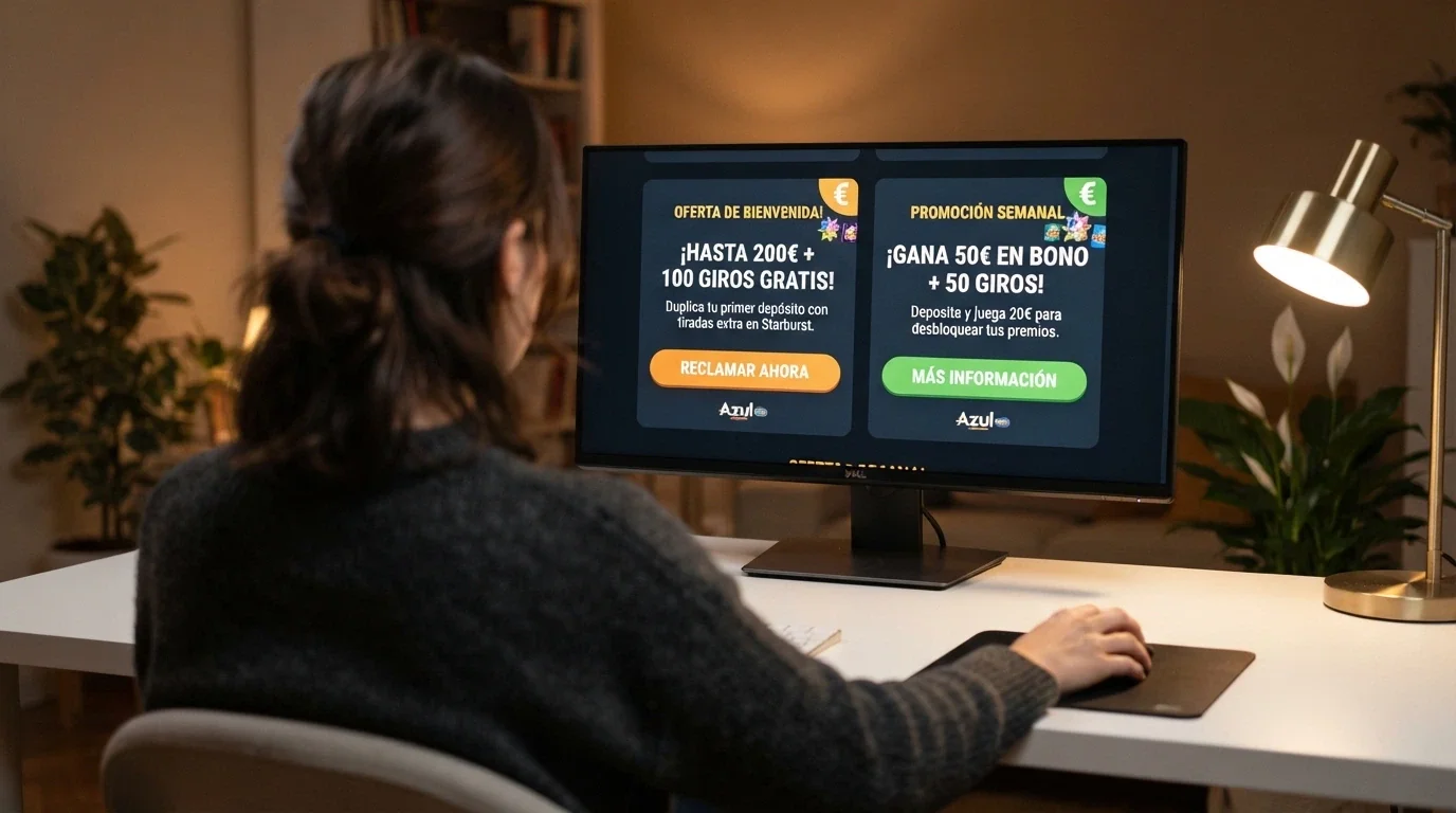 Una persona sentada frente al ordenador comparando dos ofertas de casino en la pantalla con expresión de estar decidiendo